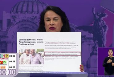 Margarita Saldaña evidenció otra grave incongruencia de Núñez, pues vecinos de la demarcación acusan que su coordinador de campaña, Lenin Adrián Martín Ramírez, está acusado de feminicidio y ella lo protege. FOTO: Captura de pantalla video oficial