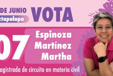 Martha Espinoza Martínez, candidata a magistrada de circuito en materia civil por el Distrito 01 de Iztapalapa, identificada en boleta rosa con el número 07, propone impulsar la creación de un organismo civil, apartidista, ciudadano, para regular la actividad de los abogados en el país y así la justicia funcione.