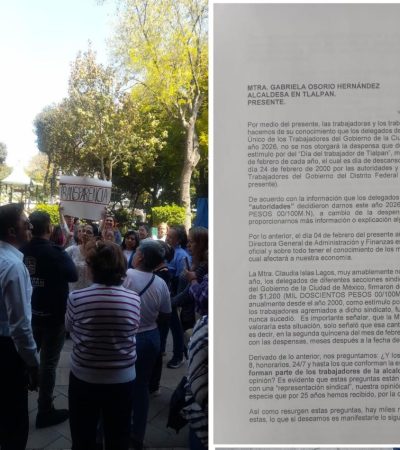Otra vez, trabajadores de la Alcaldía Tlalpan acusaron a la edil de Morena, Gabriela Osorio de robarles dinero, de a 500 por cada uno de los 4 mil trabajadores, lo que suma 2 millones de pesos. ¿Dónde está el dinero? FOTO: Especial