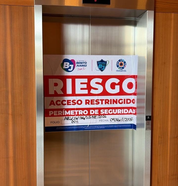 Derivado de los acontecimientos ocurridos el pasado 6 de abril en los elevadores de la Torre Residencial Mítikah, la alcaldía Benito Juárez informa que se procedió a realizar una inspección técnica el martes 7 de abril en la que se determinó restringir la operación de siete elevadores y un montacargas. FOTO: Especial
