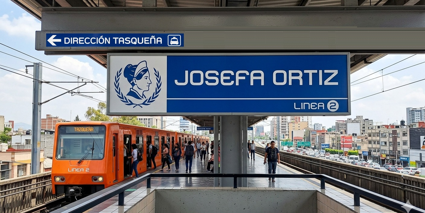 Bien podría concretarse la idea de que le cambien de nombre a la estación Villa de Cortés. Aquí les damos una propuesta de nuevo nombre: estación “Josefa Ortiz”, que le da identidad local, pues a 100 metros se ubica la colonia que lleva ese nombre. FOTO: Render IA Gemini